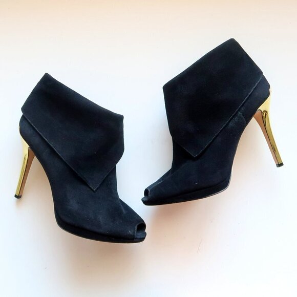 Michael Kors Black Suede Leather Peep Toe Gold Heel Ankle Boots / Booties Sz. 10 - Picture 1 of 16